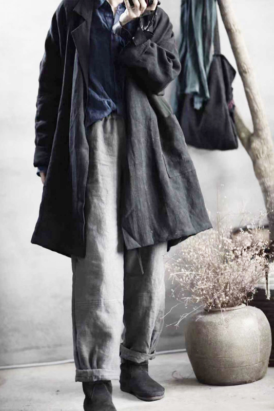 Fall Black Simple Retro Linen Coat