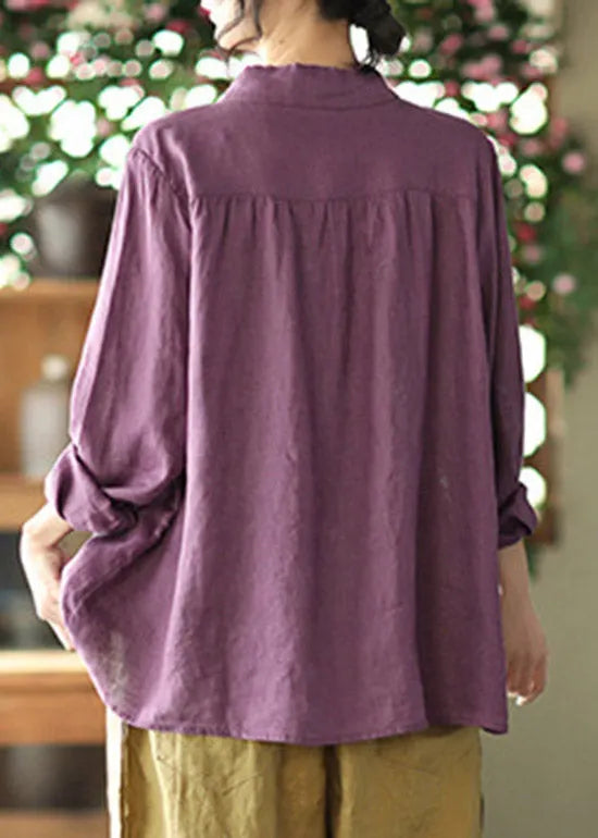 Purple Stand Collar Bow Button Linen Shirt Long Sleeve