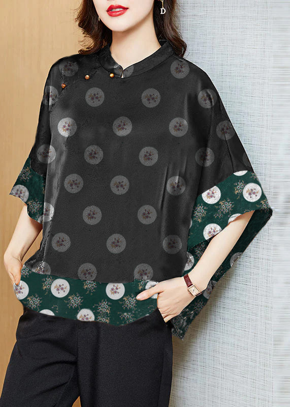 Black Mandarin Collar Asymmetrical Patchwork Jacquard Silk Shirts Batwing Sleeve