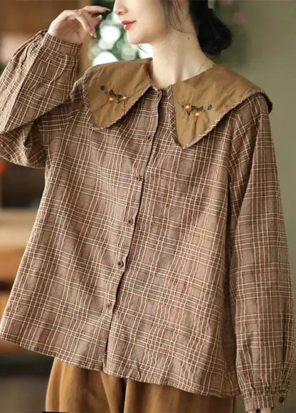 Art Green Plaid Embroidered Cotton Blouses Spring