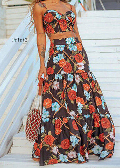 European and American Print Suspender Top and Skirts Set