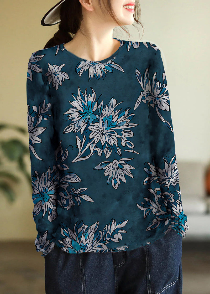 Beige O-neck Print Cotton Knitted Top Long Sleeve