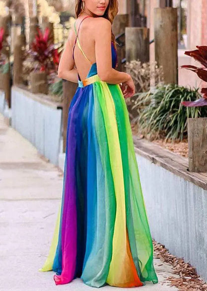 Rainbow V Neck Backless Chiffon Spaghetti Strap Dress Sleeveless