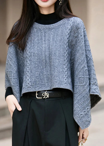 Blue Cozy Thick Woolen Sweater O Neck Batwing Sleeve