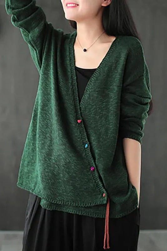 Knitted Retro Pure Color V-neck Sweater Coat