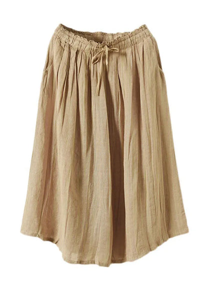 Khaki Drawstring Pockets Linen a Line Skirts Summer