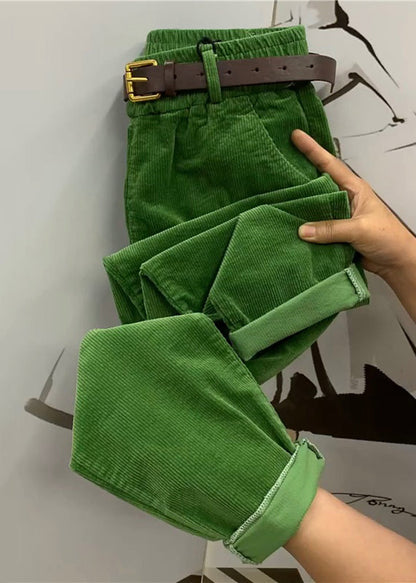 Loose Green Pockets Elastic Waist Corduroy Harem Pants Fall