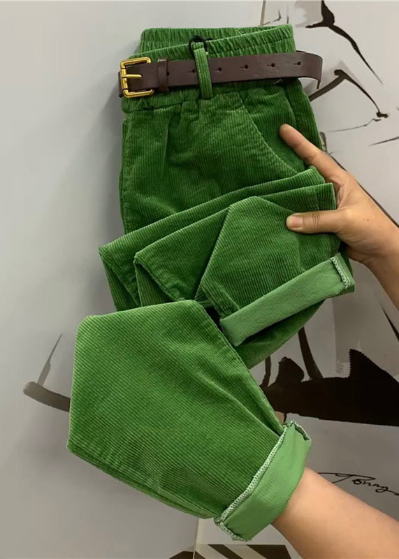 Loose Green Pockets Elastic Waist Corduroy Harem Pants Fall