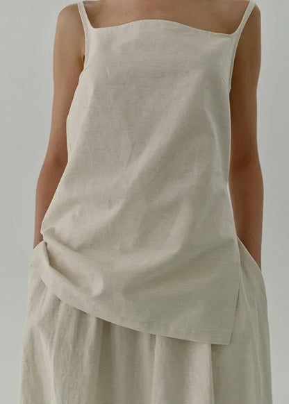 Beige Zip Up Linen Strap Tank Top Sleeveless