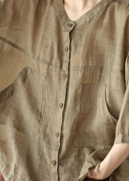French Chocolate O Neck Patchwork Linen Blouses Summer