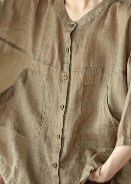 French Chocolate O Neck Patchwork Linen Blouses Summer