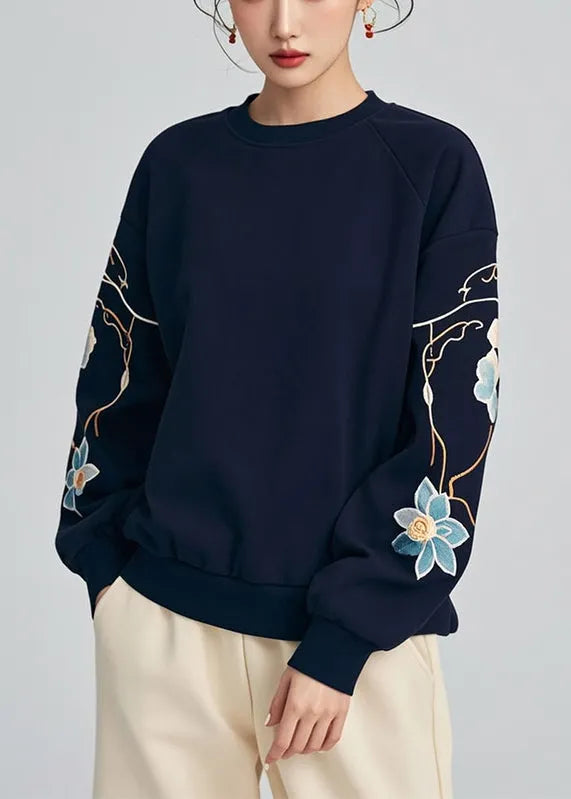 Navy O Neck Print Warm Fleece Sweatshirts Winter