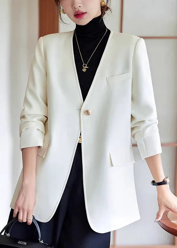 White V Neck Cotton Jackets Spring