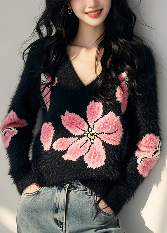 Stylish Black V Neck Ma Hai Mao Knit Sweater Spring