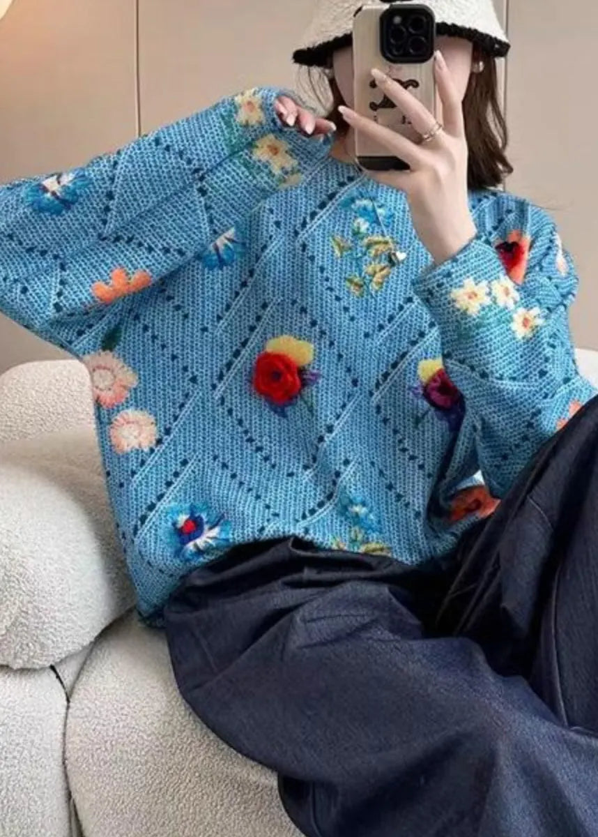 Blue Hollow Out Cotton Knit Sweater Tops Batwing Sleeve