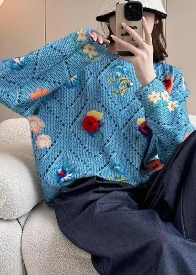 Blue Hollow Out Cotton Knit Sweater Tops Batwing Sleeve