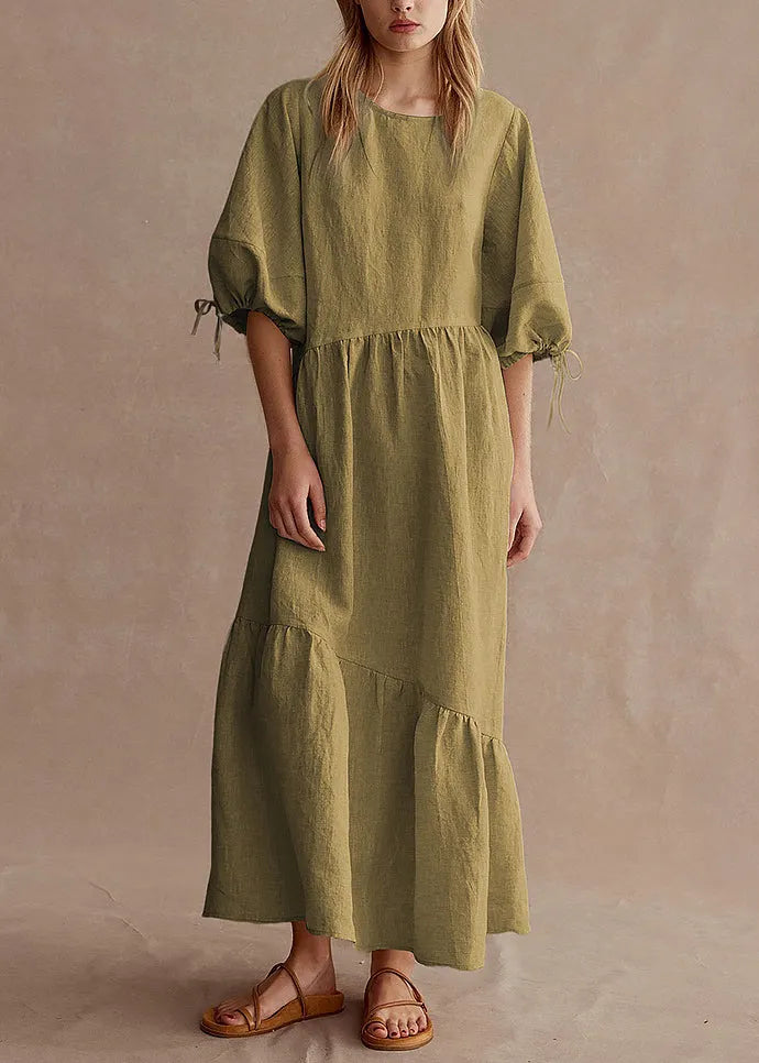 New Apricot O Neck Patchwork Linen Dress Lantern Sleeve