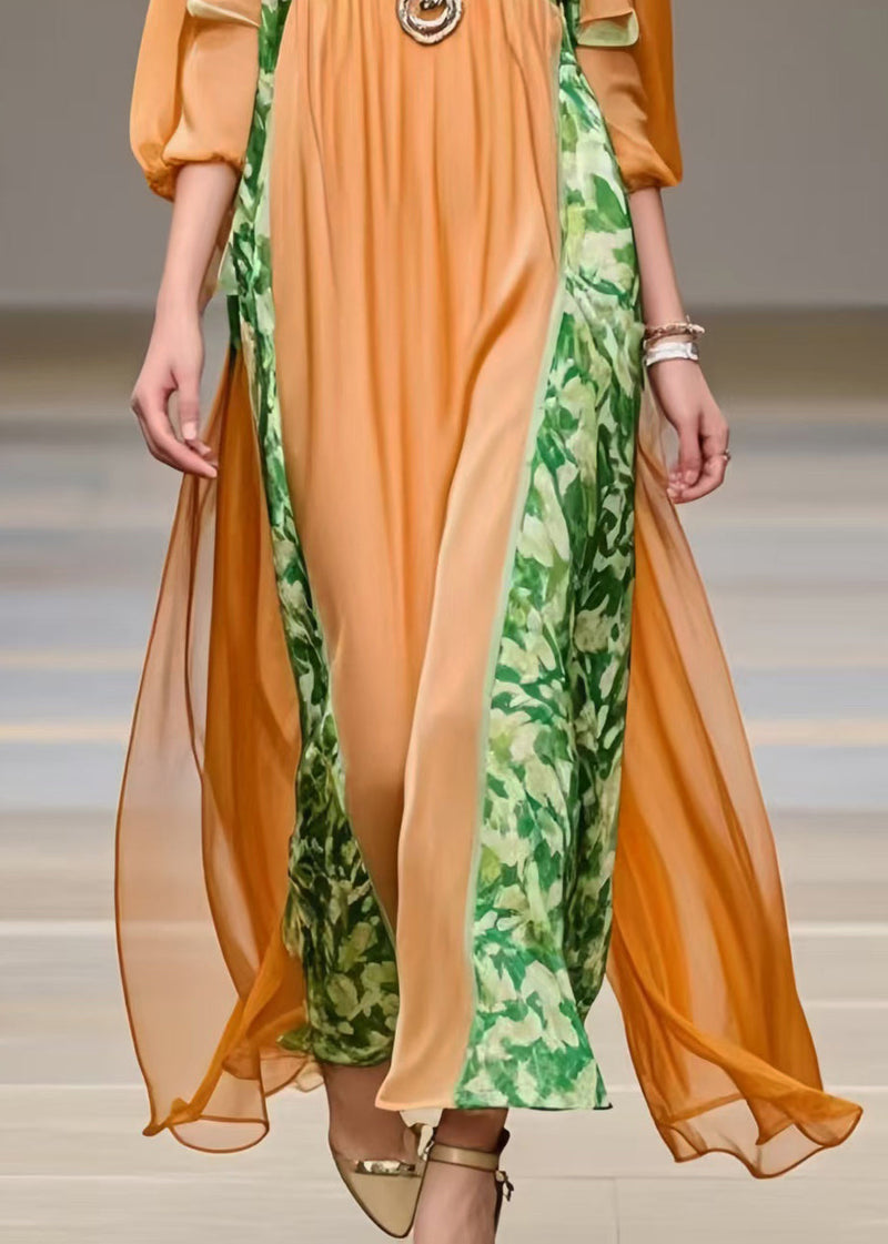 Orange U Neck Patchwork Chiffon Robe Dresses Bracelet Sleeve