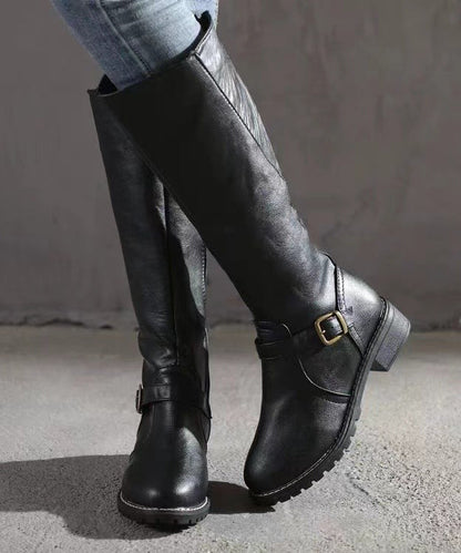 Brown Faux Leather Splicing Chunky Knee Boots