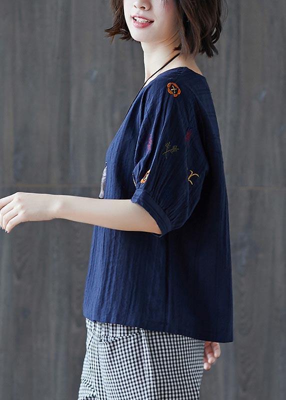 Navy Embroidered Cotton Linen T Shirts Summer