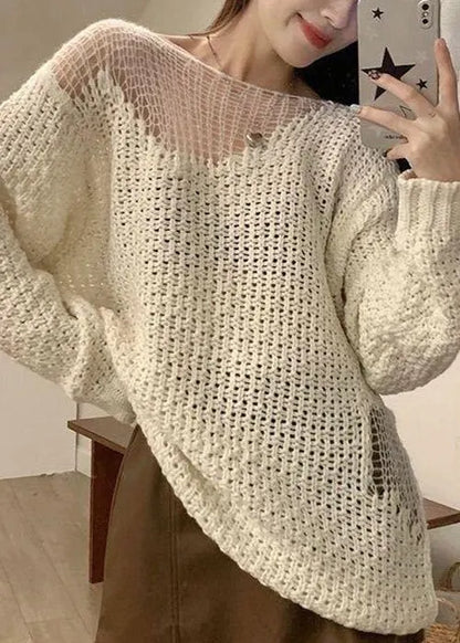 Beige Hollow Out Knit Sweater Spring
