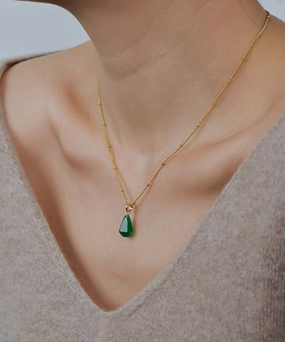 New Green Sterling Silver Water Droplet Agate Pendant Necklace