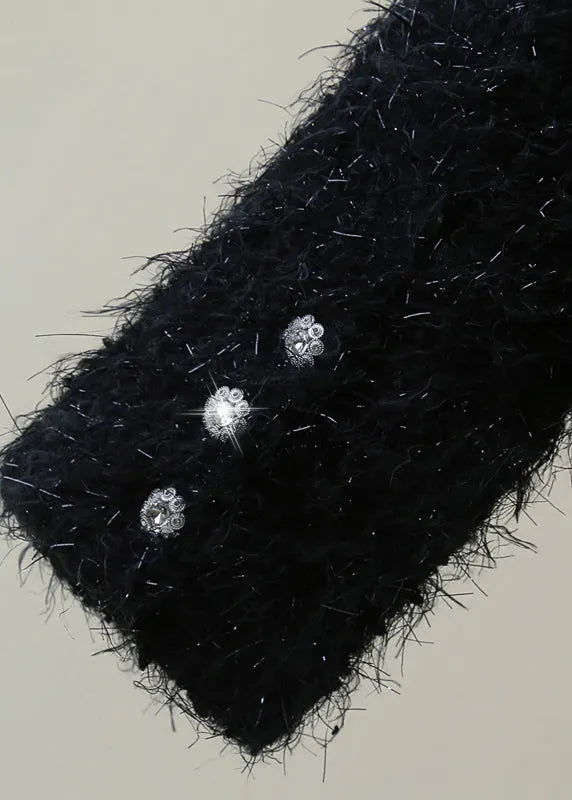 Classy Black O-neck Pockets Patchwork Nail Bead Coats Winter
