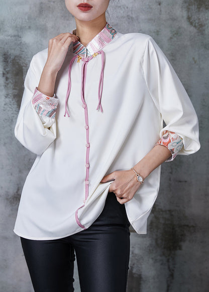 White Embroidered Chiffon Oriental Shirt Spring