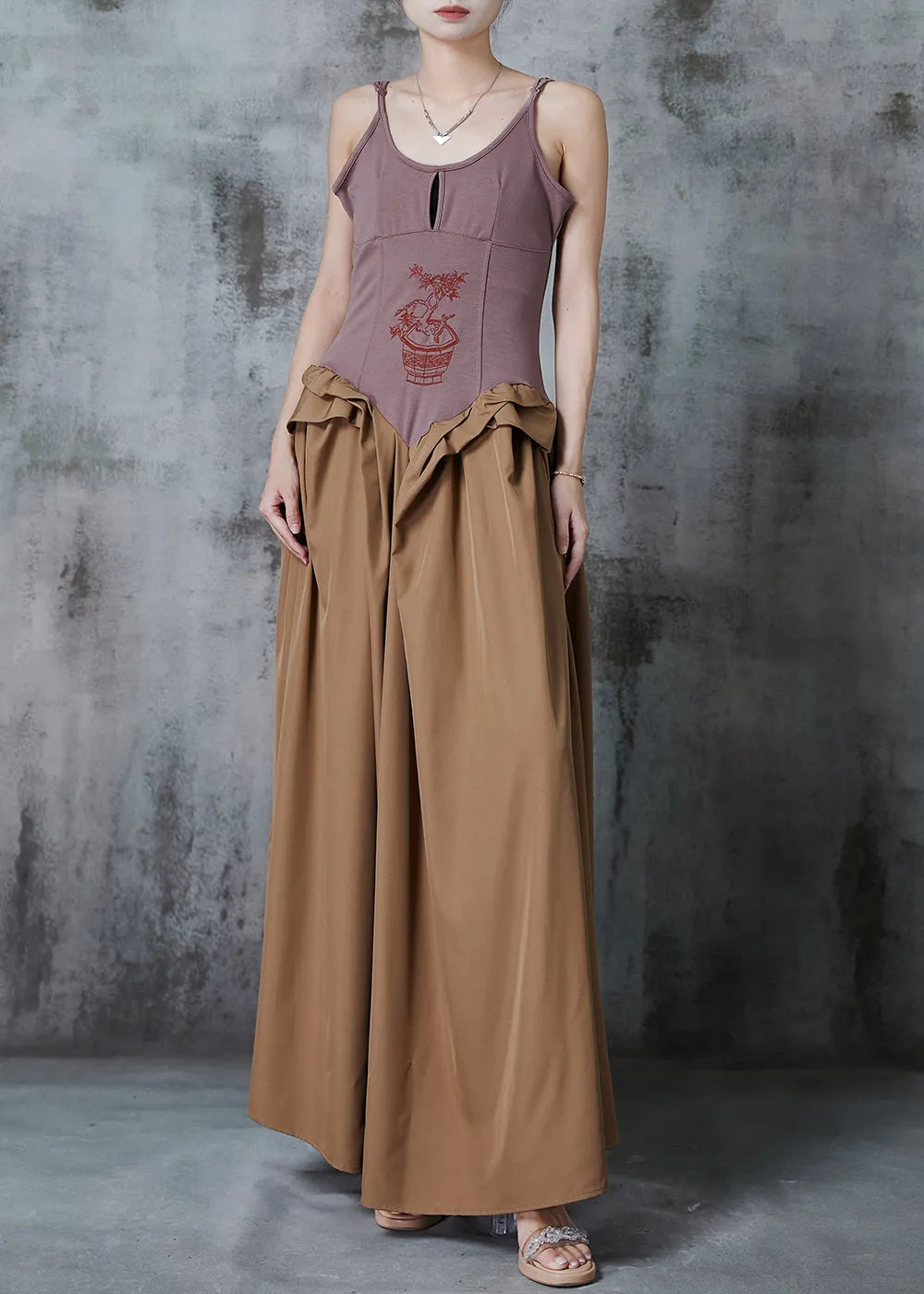Original Design Brown Embroidered Patchwork Cotton Spaghetti Strap Dress Summer