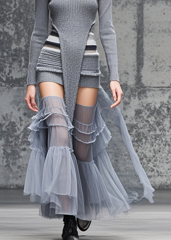Original Design Grey Patchwork Tulle Knitwear Dress Fall