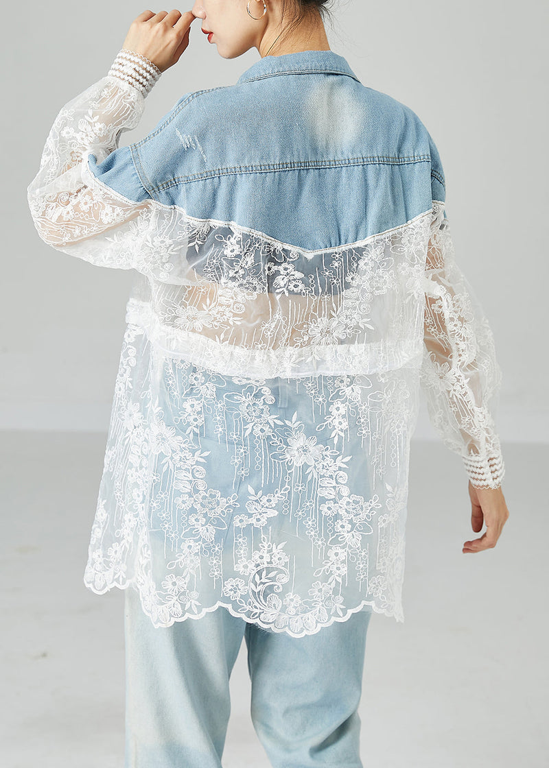 Classy Colorblock Embroidered Patchwork Hollow Out Denim Coat Outwear Summer