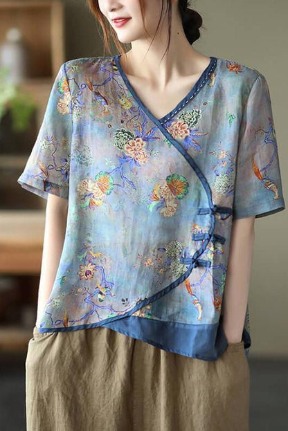 Stitching Print V Neck Short Sleeve T-shirt