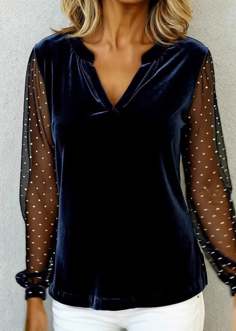 New Navy V Neck Patchwork Velour Blouses Spring