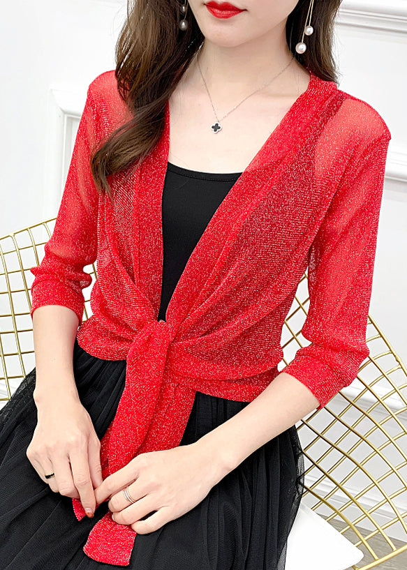 New Red Lace Up Tulle Cardigan Half Sleeve