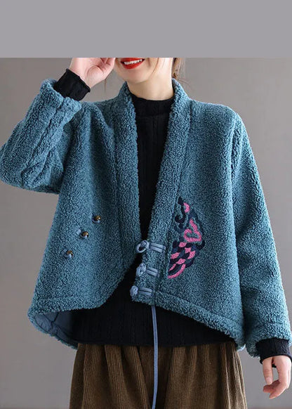 Unique Blue Button V Neck Embroidered Faux Fur Coats Spring