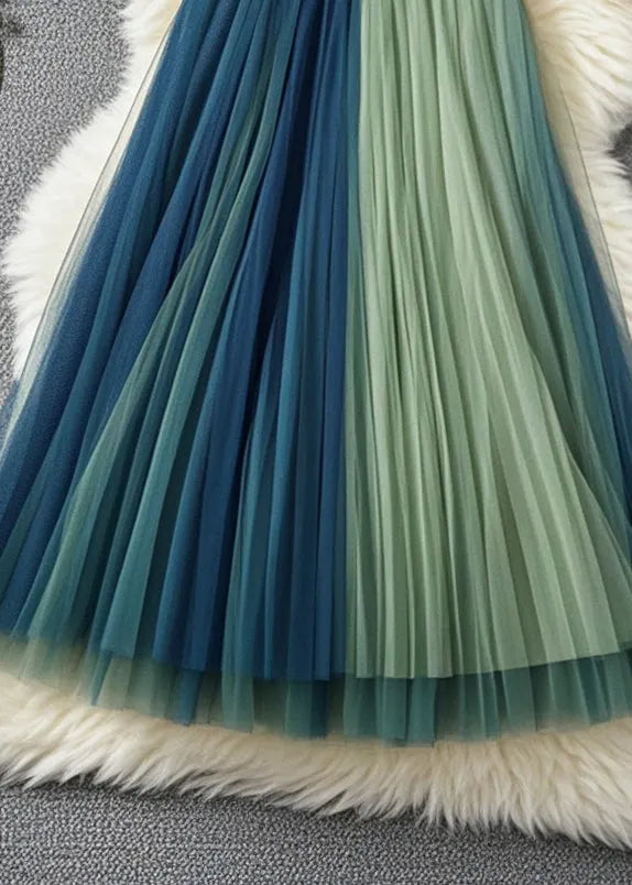 Style Colorblock Elastic Waist Patchwork Tulle Pleated Skirts Fall