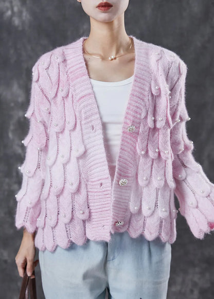 Boutique Pink V Neck Nail Bead Knit Cardigan Spring