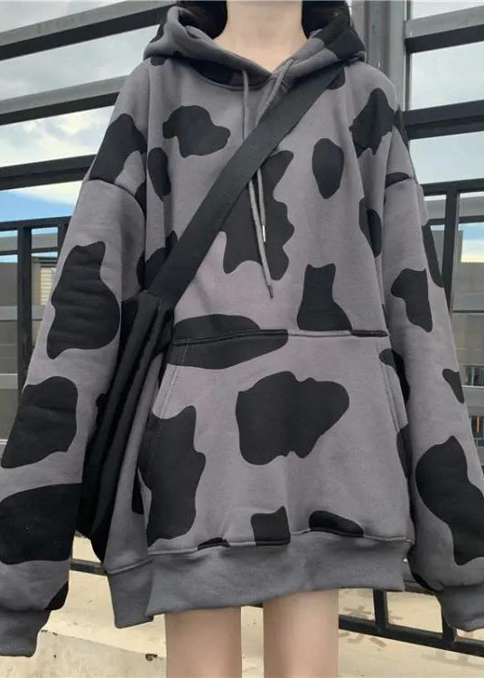 Loose White Zebra Pattern Hooded Cotton Pullover Sweatshirt Fall