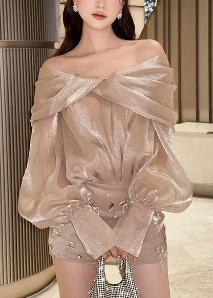 Champagne Color Slash Neck Zircon Silk Mid Dress Fall