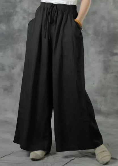 Khaki Elastic Waist Pockets Wide Leg Pants Summer