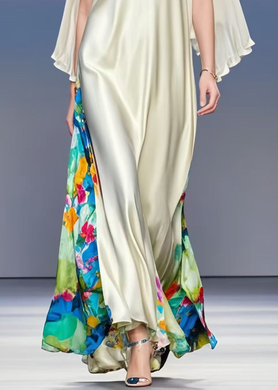 Milk White V Neck Patchwork Silk Vacation Dresses Cloak Sleeves