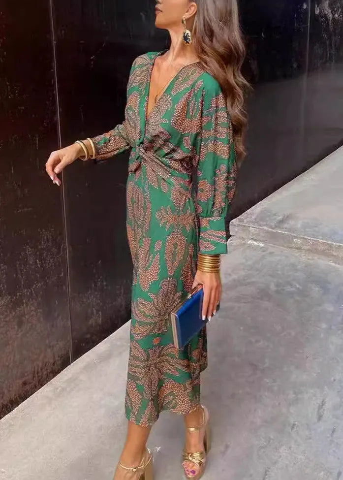 Classy Green V Neck Print Cotton Long Dresses Fall