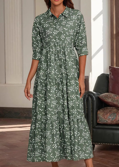 Red Peter Pan Collar Print Cotton Long Dress Half Sleeve