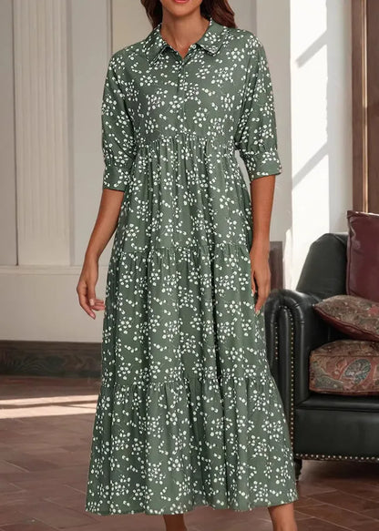 Red Peter Pan Collar Print Cotton Long Dress Half Sleeve