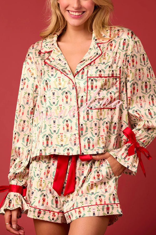 Christmas Print Lace-Up Cuffed Top and Elastic Waist Pocket Casual Shorts Set