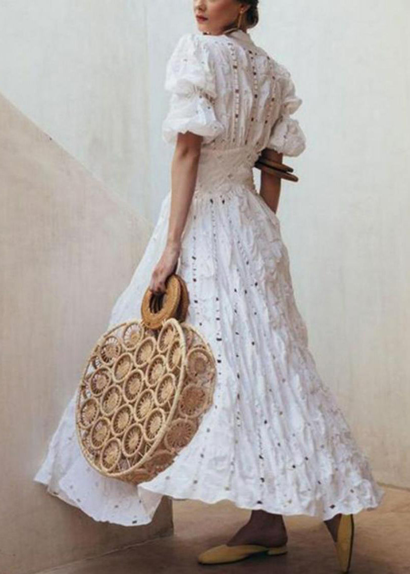 White Puff Sleeve Exra Large Hem Cotton Holiday Dress Spring
