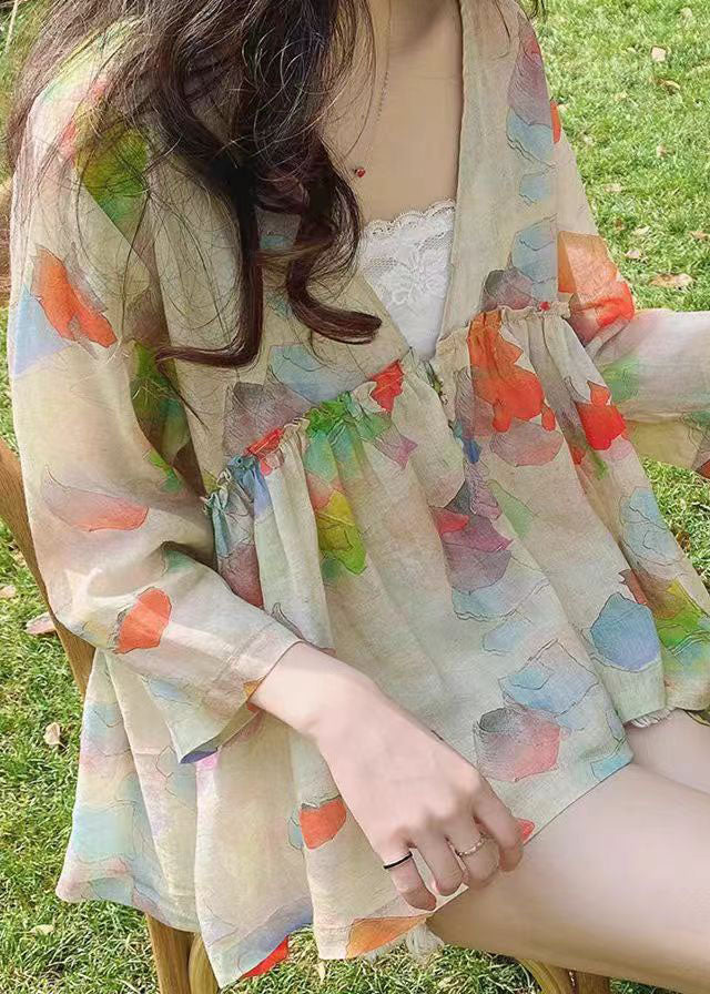 Green V Neck Print Linen Shirt Bracelet Sleeve