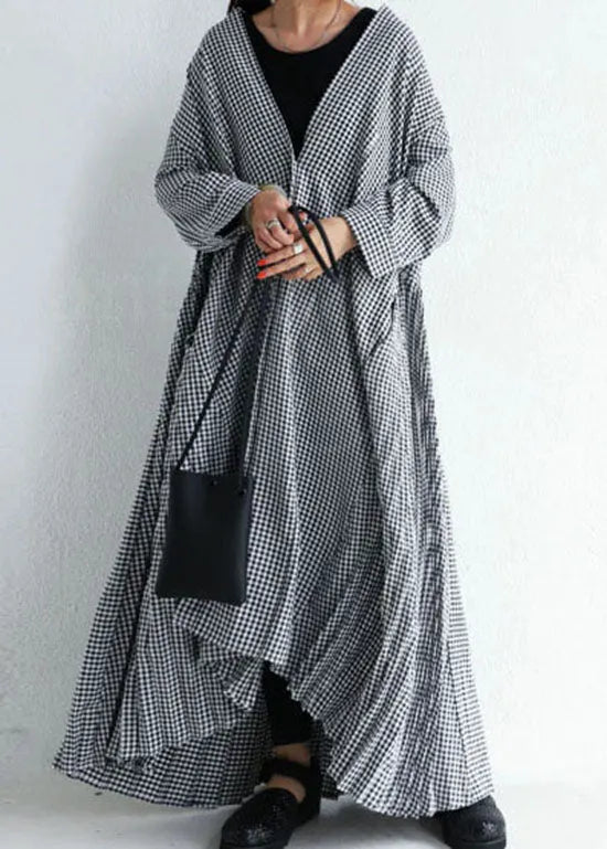 Plaid V Neck Wrinkled Patchwork Cotton Loose Cardigans Spring