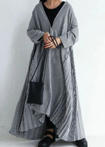 Plaid V Neck Wrinkled Patchwork Cotton Loose Cardigans Spring