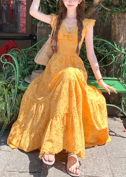 Yellow Embroidered Cotton Robe Dresses Summer